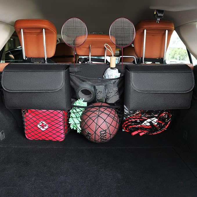 Deluxe Trunk Organizer for Car Small SUV, Backseat Hanging Trunk Organizer, Waterproof Collapsible Car Storage Bag with 6 Pockets, Reinforced No-Sag Design
