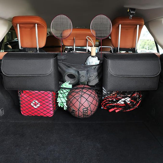 Deluxe Trunk Organizer for Car Small SUV, Backseat Hanging Trunk Organizer, Waterproof Collapsible Car Storage Bag with 6 Pockets, Reinforced No-Sag Design