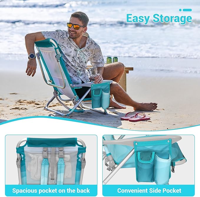 #WEJOY Folding Beach Chair for Adults, 4-Position Aluminum Lightweight Beach Chair, Low Sands Chairs with Shoulder Strap, Cup Holder and Padded Headrest, Supports 265lbs for Lawn