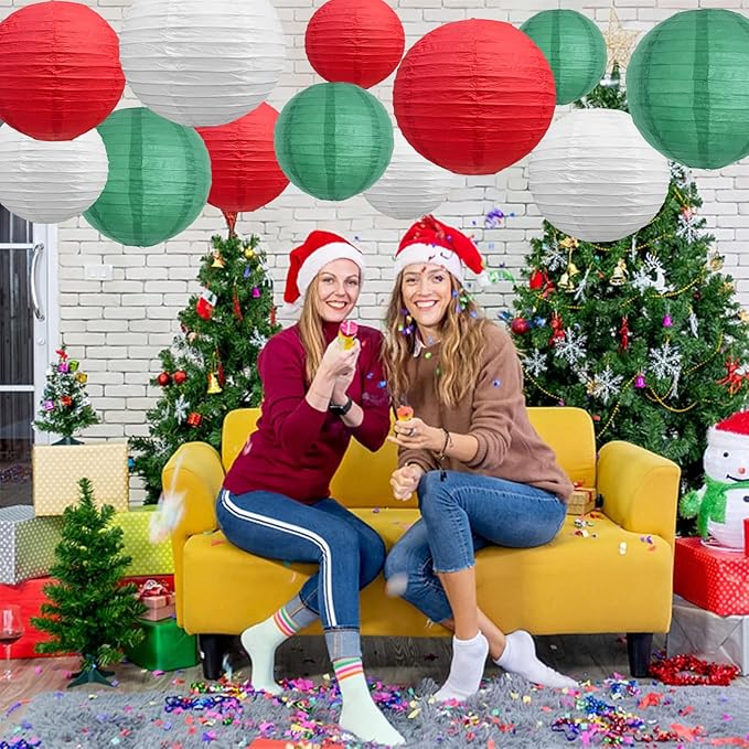 BEISHIDA 12Pcs Red Green White Paper Lanterns Decorative Hanging Round Paper Lanterns Lamp for Christmas，Birthday, Wedding,Bridal,Home Decor,Outdoor Decoration,Party Decoration