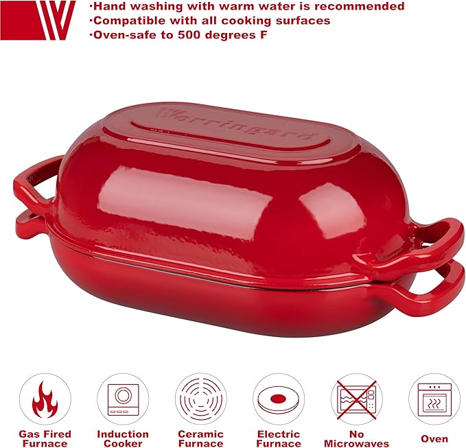 Enameled Cast Iron Sourdough Bread Oven, Dutch Oven, Loaf Cast Iron Bread Pan for Homemade Bread Baking, Meatloaf Pan with Lid, 5QT, Red
