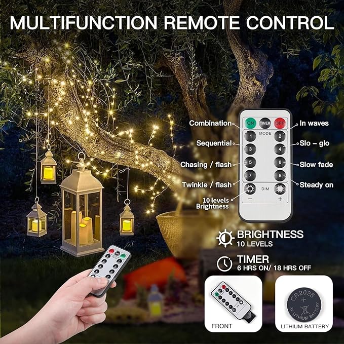 suddus 66ft 200 LED Outdoor String Lights, Warm White Christmas Fairy Light Battery Operated with Remote, Led Twinkle Lights for Bedroom, Dorm, Patio, Tapestry, Backyard, Garden, Xmas, Party, Indoor