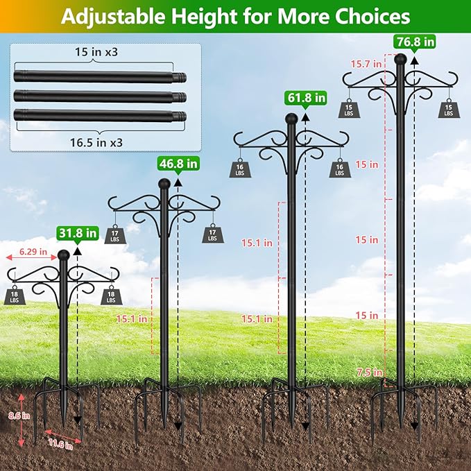 Shepherds Hooks for Outdoor, 2 Pack 76.8 in Heavy Duty Bird Feeder Pole, Thickened Double Shepherd Hook Stand for Hanging Plants, Lanterns, Solar Lights, Wind Chime, Hummingbird Feeder, Garden