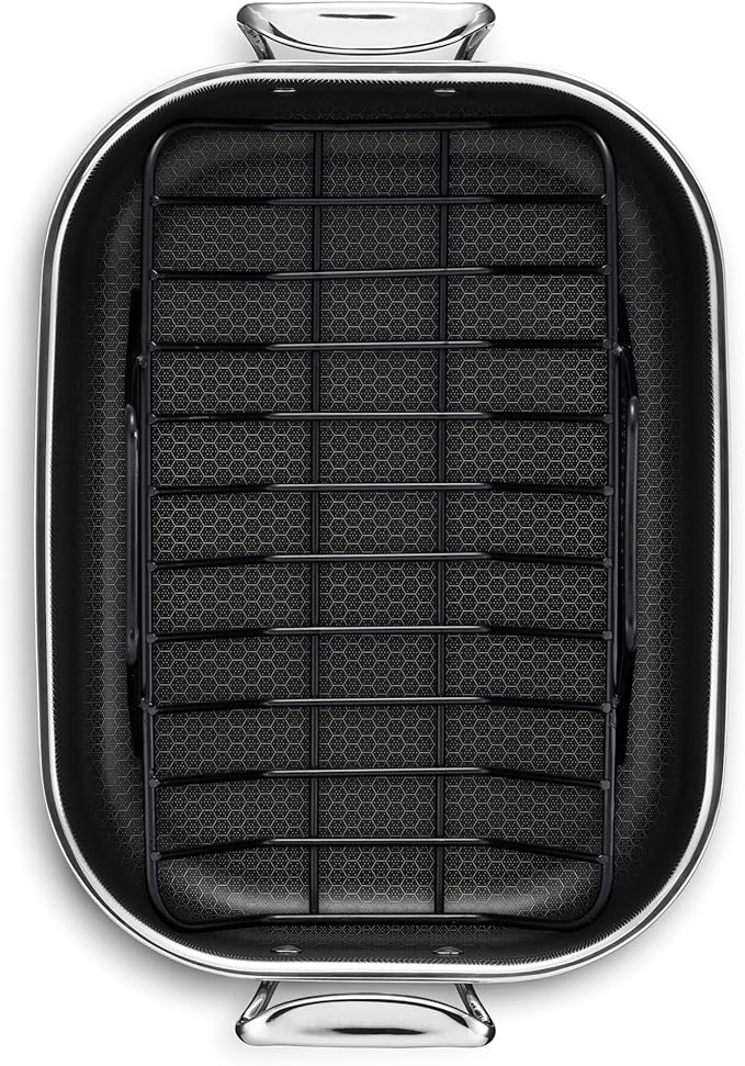 HexClad Hybrid Nonstick Small Roasting Pan with Rack, Dishwasher-Friendly, Oven-Safe Up to 900°F, Compatible with All Cooktops