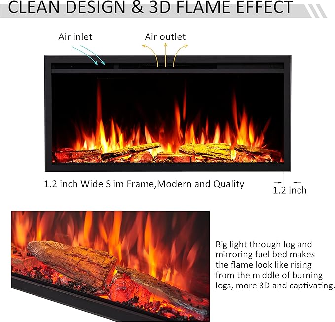 LegendFlame 40" W Smart Wall Mount & in Wall Recessed Electric Fireplace Insert, Heater 750W/1500W, Multi Colors of Flame & Fuel Bed, Alexa/Google Assistant Enabled