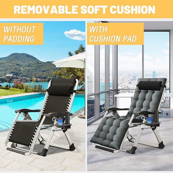NAIZEA Padded Zero Gravity Chair, Folding Outdoor Lounge Chairs, Adjustable Reclining Camping Chairs with Cup Holder, Ergonomic Patio Lawn Chair for Balcony Beach Deck Yard