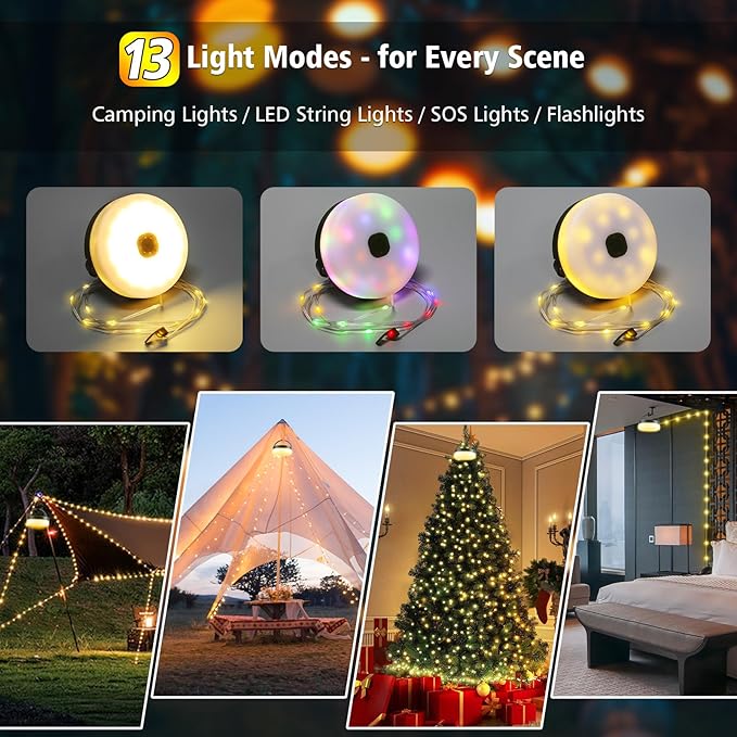 Solar Camping Lights with 13 Lighting Modes,33 FT Fairy Lights 130LEDs,Portable Waterproof 4 in 1 Camping Lantern,Retractable Design & Hooks for Outdoor Garden Party Essentials