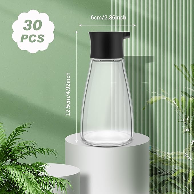 Tanlade 30 Pcs Soy Sauce Dispenser Leakproof Cruet Dispenser Set Small Sauce Bottles Glass Soy Container Oil Dispensing Bottles Seasoning Vinegar Cruet with Lid for Kitchen Cooking, Black
