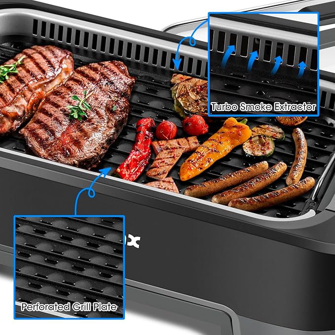 CUSIMAX Smokeless Indoor Grill, 1500W Electric Grill Korean BBQ Grill with LED Smart Display & Tempered Glass Lid, Non-stick Removable Grill Plate, Turbo Smoke Extractor, Black New Model