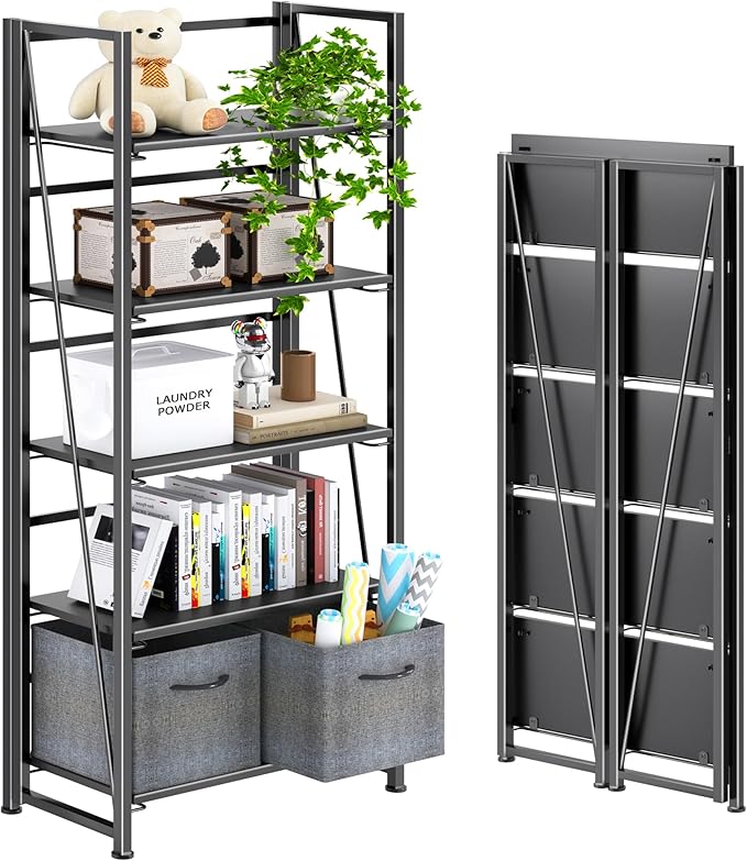 4NM No Assembly Folding Bookshelf, 5-Shelf 62.2" H Collapsible Foldable Bookcase Storage for Small Spaces, All Black