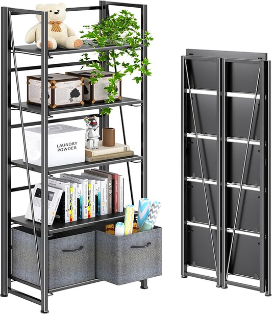 4NM No Assembly Folding Bookshelf, 5-Shelf 62.2" H Collapsible Foldable Bookcase Storage for Small Spaces, All Black