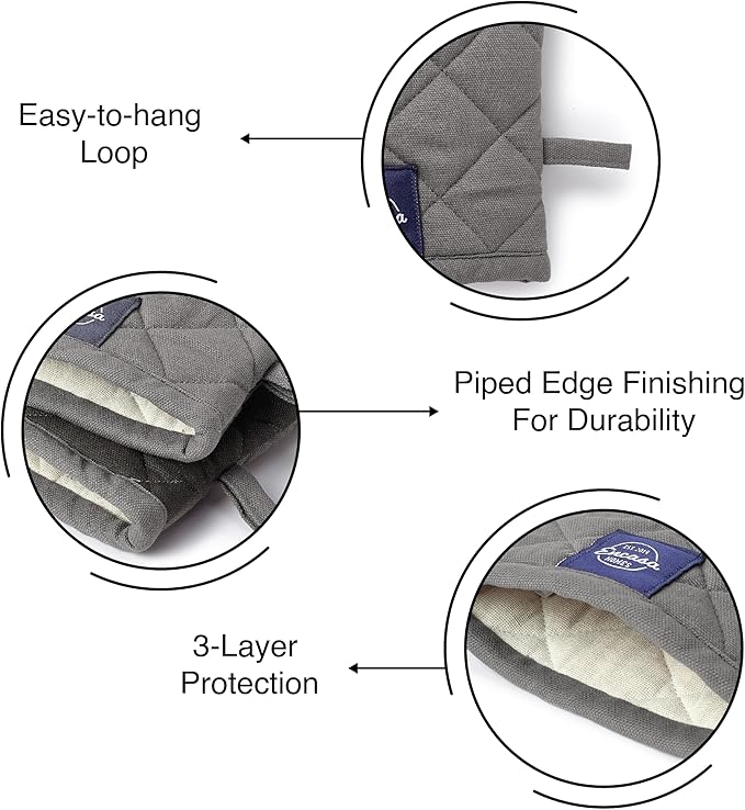 Encasa XO Heat Resistant Cotton Oven Gloves Mitts (2 Pc Set) - Quilted & Safe 12x7 in - for Kitchen, Cooking & Baking, Grilling, Handling Hot Pots & Pans - Grey