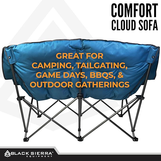 Black Sierra Double Camping Chair for Adults, Oversized Folding Loveseat Supports 600 lbs, Plush Padded Outdoor Couch with Cup Holders and Carry Bag for Beach, Patio, RV, or Tailgating Events