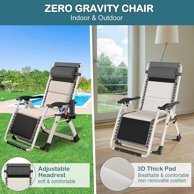 NAIZEA Padded Zero Gravity Chair, Folding Outdoor Lounge Chairs, Adjustable Reclining Camping Chairs with Cup Holder, Ergonomic Patio Lawn Chair for Balcony Beach Deck Yard