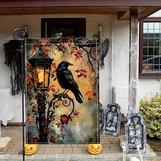 Halloween Garden Flag for Outside 12x18 Inch Double Sided, Crow Small Yard Flags for Outside, Halloween Outdoor Flag Front Porch Decorations for Home