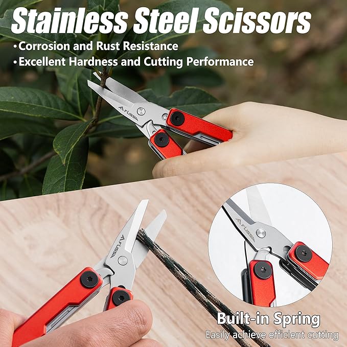 FLISSA Multitool Scissors, 11-in-1 Multi Tool Pocket Knife, Stainless Steel Mini Multitool with Bottle Opener, Screwdriver, Aluminum Handles, Spring - EDC for Outdoor, Camping, Hiking, Fishing, Red