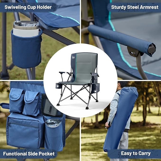 TIMBER RIDGE Oversized Folding Camping Chair High Back Heavy Duty for Adults Support up to 500lbs with Cup Holder, Side Pocket Cooler Bag 2 Pack