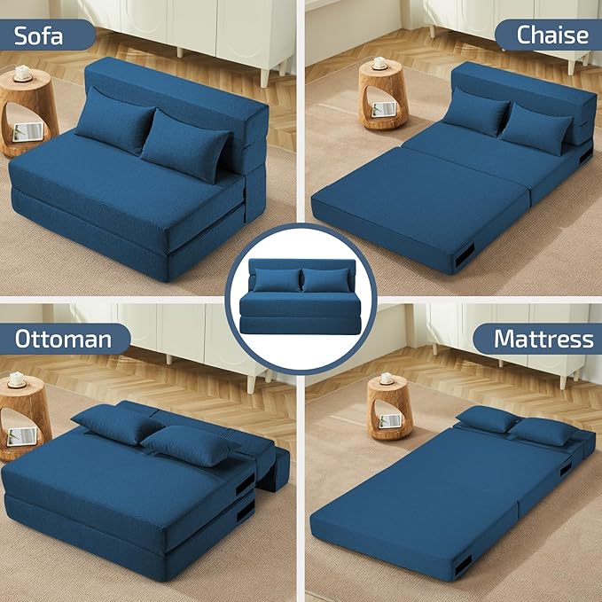 Folding Sofa Bed with Pillows- Convertible Chair Floor Couch & Sleeping Mattress, Foldable Memory Foam Sleeper for Living Room/Dorm/Guest Room/Home Office/Apartment/Loft, Twin, Navy Blue