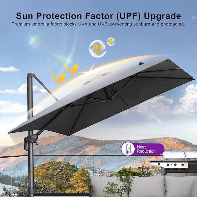 PURPLE LEAF 10' X 13' Rectangle Patio Umbrella Outdoor Large Aluminum Cantilever Umbrella with 3-Year Fade Resistance Recycled Fabric and 360-degree Rotation for Deck Pool Garden, Mist Grey