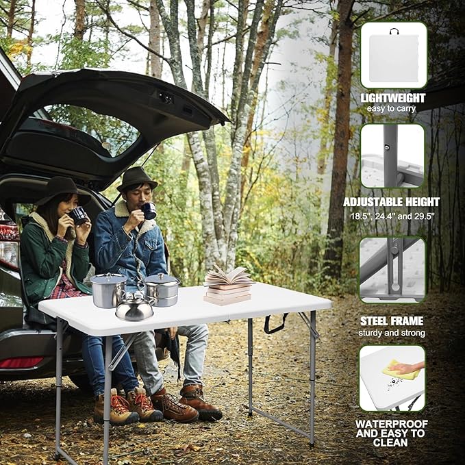 Folding Table 4 Foot Portable Heavy Duty Plastic Fold-in-Half Utility Table Small Indoor Outdoor Adjustable Height Folding with Carrying Handle, Camping and Party,White