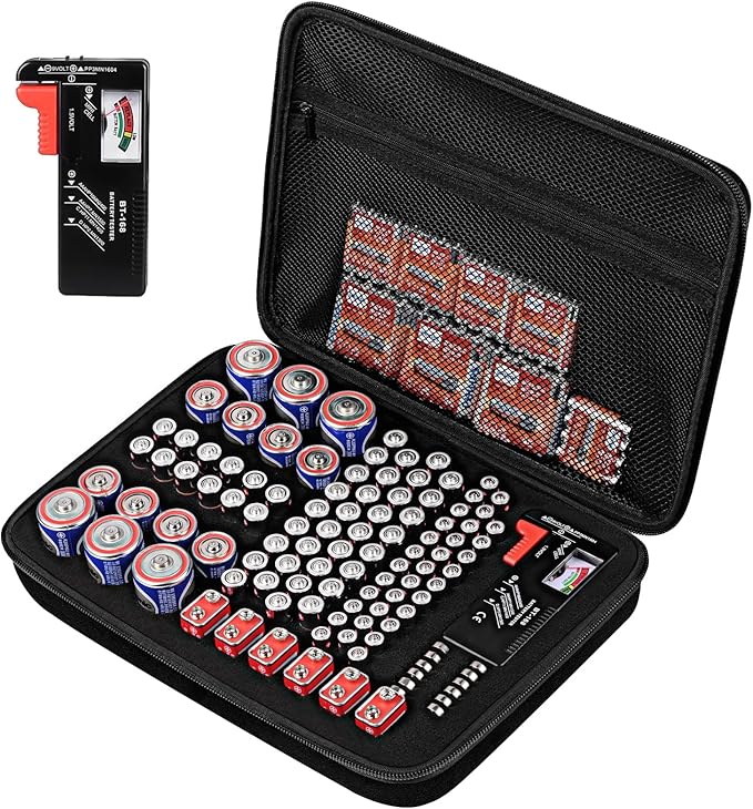 Battery Organizer Storage Case with Tester for AA AAA C D 9V Battery Holder 7 Batteries Variety Pack 111 Batteries Mesh Bag (Batteries Not Included) (black)