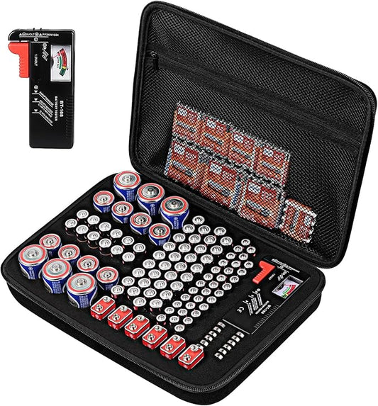 Battery Organizer Storage Case with Tester for AA AAA C D 9V Battery Holder 7 Batteries Variety Pack 111 Batteries Mesh Bag (Batteries Not Included) (black)