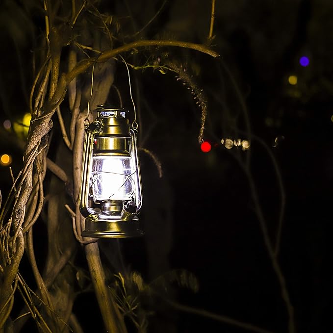 YAKii LED Vintage Metal Hanging Hurricane Lantern - 12 LED Dimmer Switch, Cold White Battery Operated for Power Outage Indoor Camping Outdoor Decoration (Silver Pack of 8)