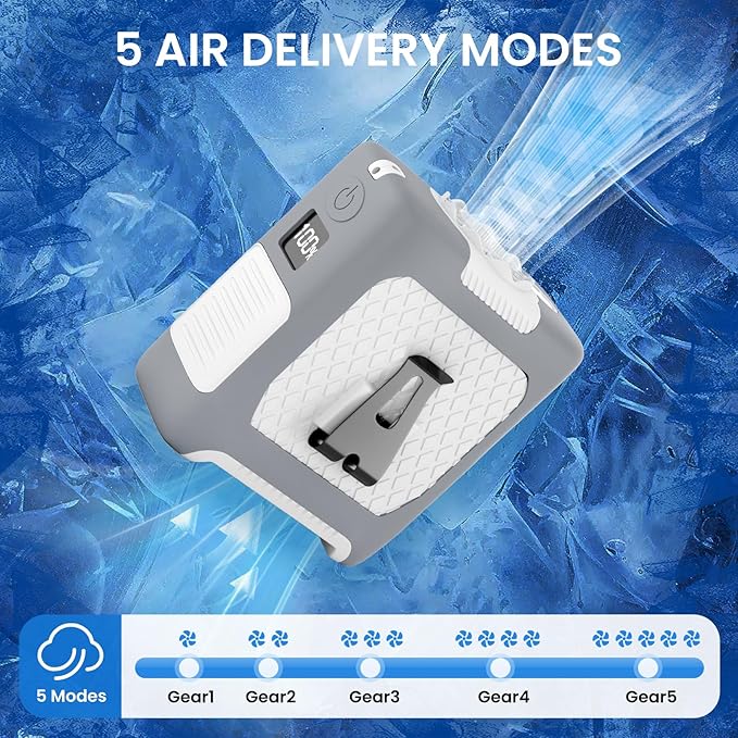 Portable Fan Wearable Personal Fan with 5 Speed Max 55 Working Hours Low Noise Portable Neck Fans Cooling Waist Fans for Camping Traveling LED Power Display 10000mAh Rechargeable (White and Gray)