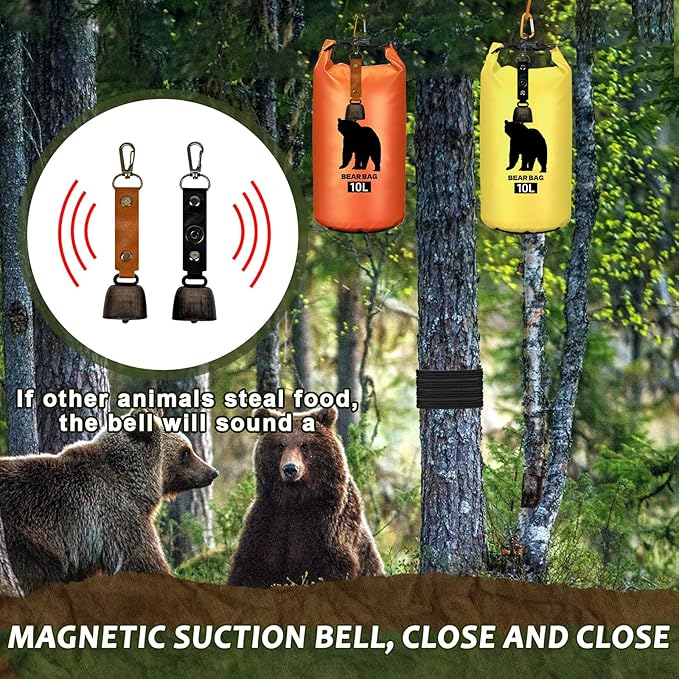 2 Pcs 10L Waterproof Bear Bags with 4 Nylon Ropes, 4 Clips & 2 Rock Pockets & 2 Small Warning Bells for Hanging Food securely. Ultralight Camping Food Bag System.