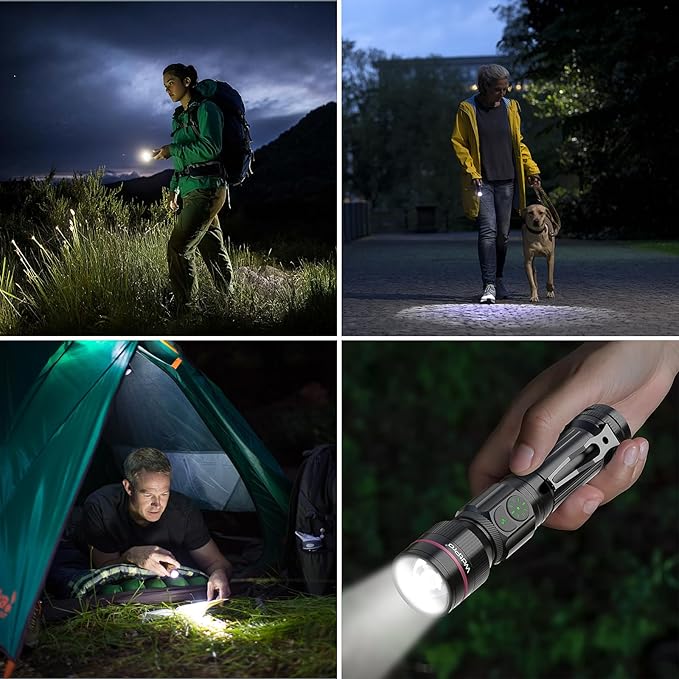 WdtPro Rechargeable Flashlight, Bright LED Flash Light, 5 Modes, Zoomable Small Torch with Clip, Waterproof, Flash Lights for Camping Essential Outdoor Home Emergency
