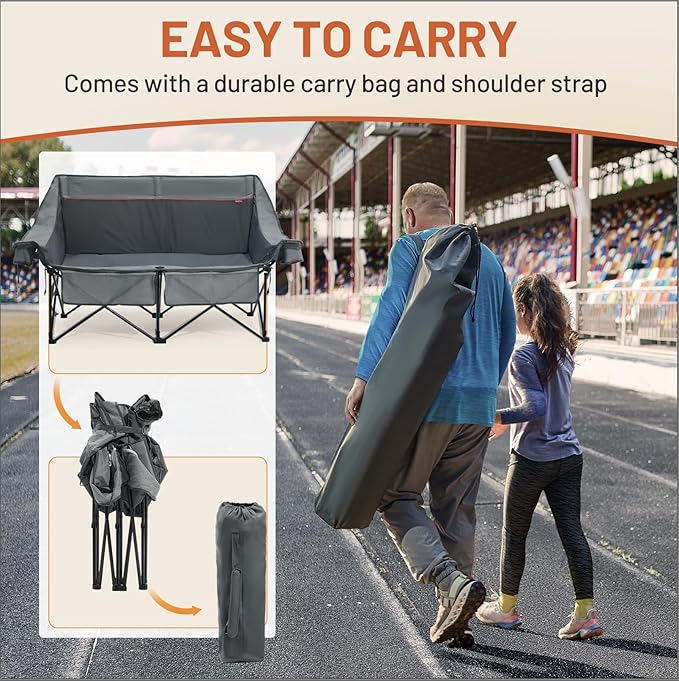 TIMBER RIDGE Heated Double Camping Chair, 700 lbs Heavy Duty Outdoor Folding Camp Couch, Oversized Comfort Loveseat Camping Chairs Perfect for Outdoor Sports, Camping, Lawn(Power Bank not Included)