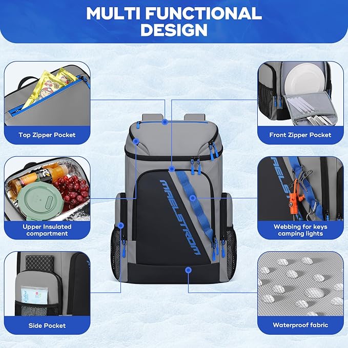 Maelstrom Backpack Cooler,36 Can Cooler Backpack,Soft Cooler Bag Insulated Leakproof,Lightweight Ice Chest Backpack,Travel Cooler Lunch Backpack for Camping,Hiking,Beach,Gray