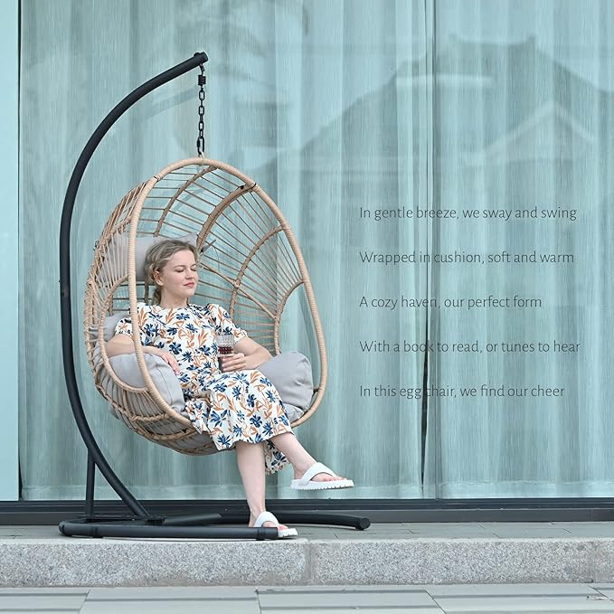 JOYBASE Hanging Egg Chair with Stand, Patio Swing Chair with Stand and Cushion, Hammock Wicker Rattan Chair for Indoor Outdoor Garden (Beige)