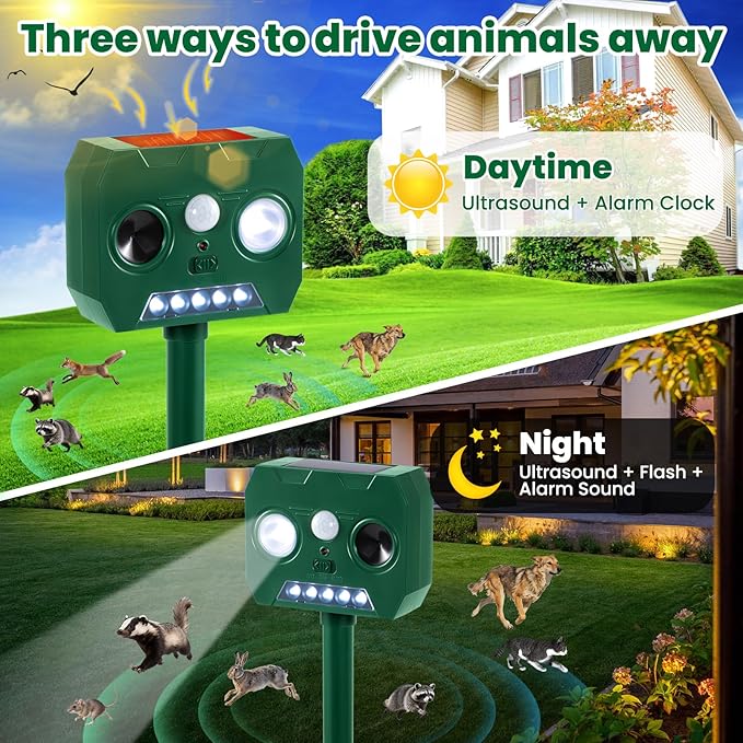 Solar Ultrasonic Animal Repellent Outdoor, 4 Pack Cat Squirrel Raccoon Bird Dog Deer Repellent Devices with PIR Motion Sensor ＆ LED Flash, Waterproof Animal Deterrent for Garden Yard Farm