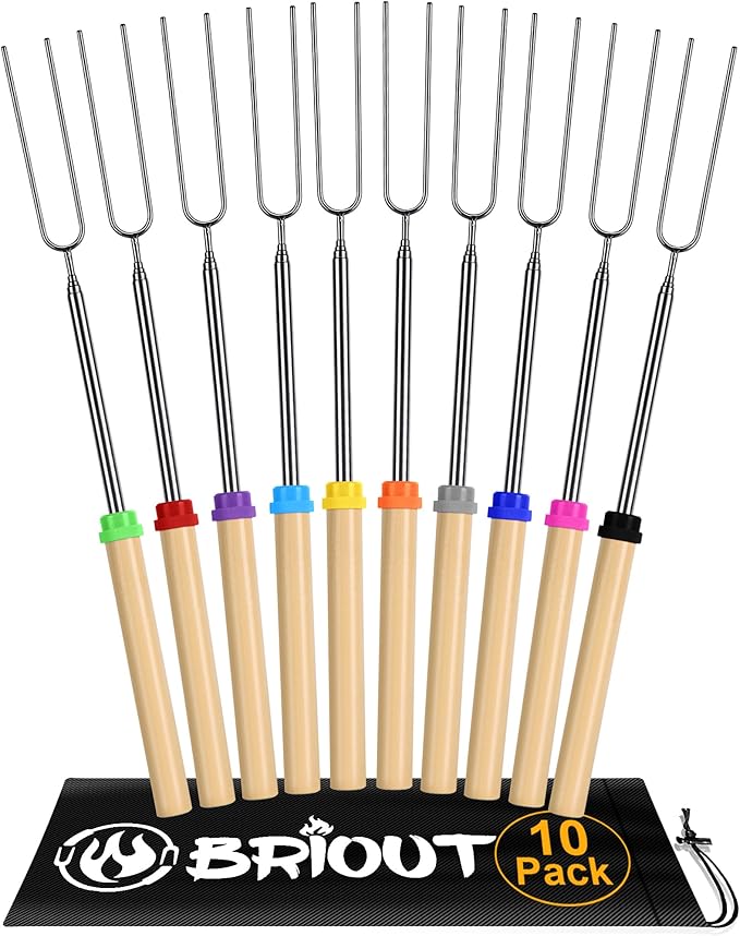 Briout Extendable Stainless Steel Roasting Sticks - Smores Sticks for Fire Pit Long 32 Inch, Smore Skewers Hot Dog Fork Campfire Accessories, Camping Essentials for S'mores - 10 Pack