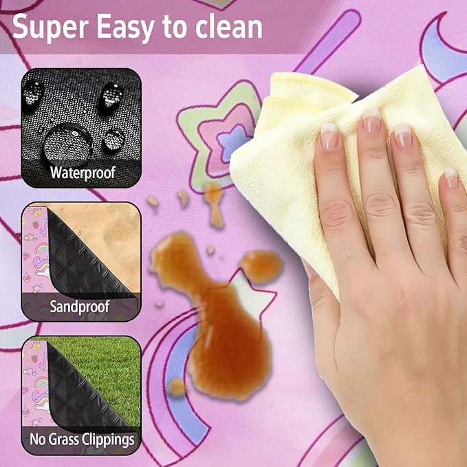 Extra Large Picnic Outdoor Blanket 80''x80'' Pink Unicorn Waterproof and Sandproof Picnic Mat for Beach Foldable Camping Accessories for Grass Lawn Park