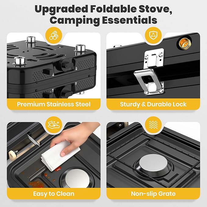 2 Burner Camping Stove, Folding Propane Camp Stove with Portable Carrying Bag, Adjustable High Heat Burners & Piezo Push-Button Instant Ignition, Outdoor Tailgating, Backyard BBQ Camping Essentials