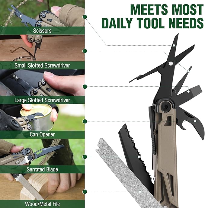 FLISSA Multitool, 15-in-1 Multi Tool Pocket Knife with Sheath, Stainless Steel EDC Multitool Pliers for Men, All-in-One Tools for Camping, Fishing, Survival