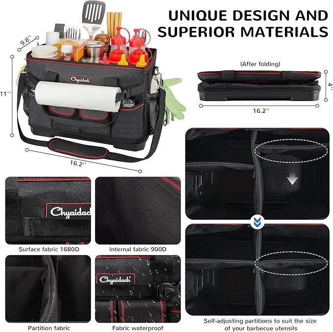 Large Grill Caddy with Hard Bottom, Portable Foldable Griddle Organizer for Blackstone Accessories, Tailgate Essentials, Perfect for Outdoor Grilling, RV, Camping & Grill Gifts for Men