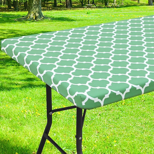 Smiry Rectangle Picnic Table Cover, Waterproof Elastic Fitted Camping Tablecloths for 8 Foot Tables, Wipeable Flannel Backed Vinyl Tablecloth Protector for Indoor, Outdoor (Sage Green, 30x96 Inches)