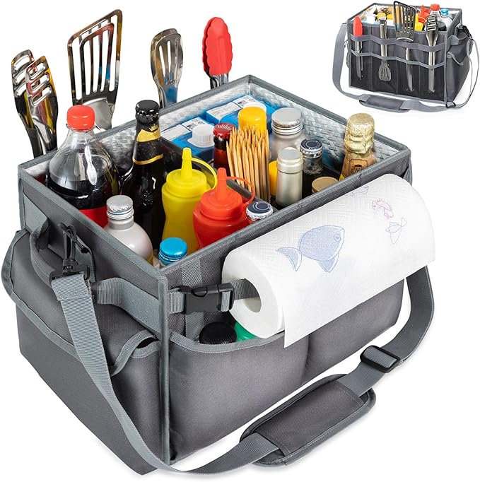 Large Grill Caddy with Paper Towel Holder – Collapsible BBQ Organizer for Camping, Tailgating, RV, Boating – Grilling Gifts for Men – Griddle Tote Bag with Shoulder Strap – Outdoor Essentials