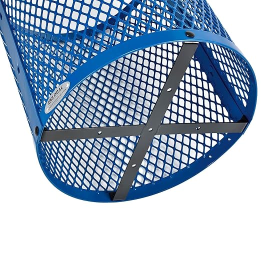 Global Industrial Outdoor Diamond Steel Trash Can with Rain Bonnet Lid and Plastic Liner, 36 Gallon Capacity, Blue, Thermoplastic Coating, 23-1/2" Diameter, 40-1/2"H