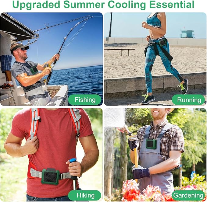 Portable Waist Fan, Personal Clip on Fan Rechargeable Hands-Free Hanging Neck/Desk Fans with 3-Speed Settings & LED Light, Small Wearable Cooling Belt Shirt Fans for Camping Travel Outdoors