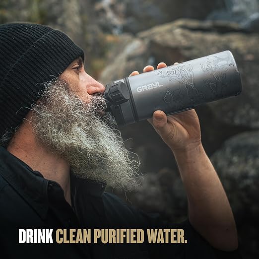 GRAYL GeoPress Titanium 24 oz Water Purifier Bottle with Cooking Lid - Filter for Hiking, Camping, Survival, Travel (Covert Black)