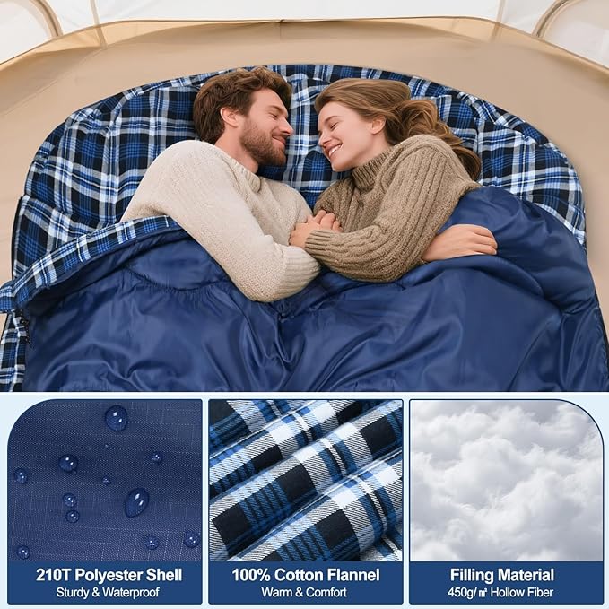 0 Degree Flannel Double Sleeping Bag for Adults, Couples or Family - Winter Queen Size Waterproof & Warm 2-Person Sleeping Bag for Cold Weather Camping, RV Travel
