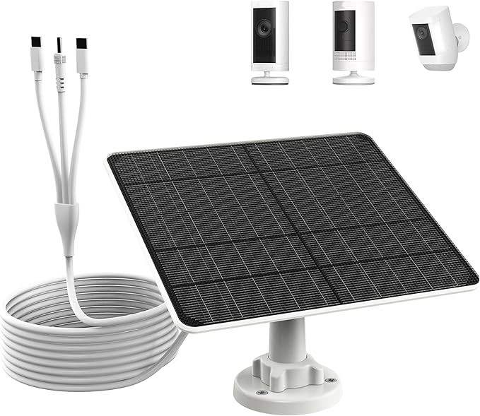 FlexSolar 6W Solar Panel for Security Cameras, IP67 Waterproof with 3 Output Ports (Type-C/Micro-USB/Lighting), 10ft Cable & 360° Adjustable Mount