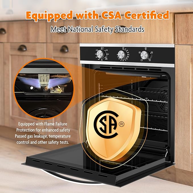 Gas Wall Oven 24 Inch CSA Certified,2.3 Cu.ft. Single, Natural Gas, Bake Broil Rotisserie, Mechanical Controls, Built-in Timer, Convection Fan in Stainless Steel