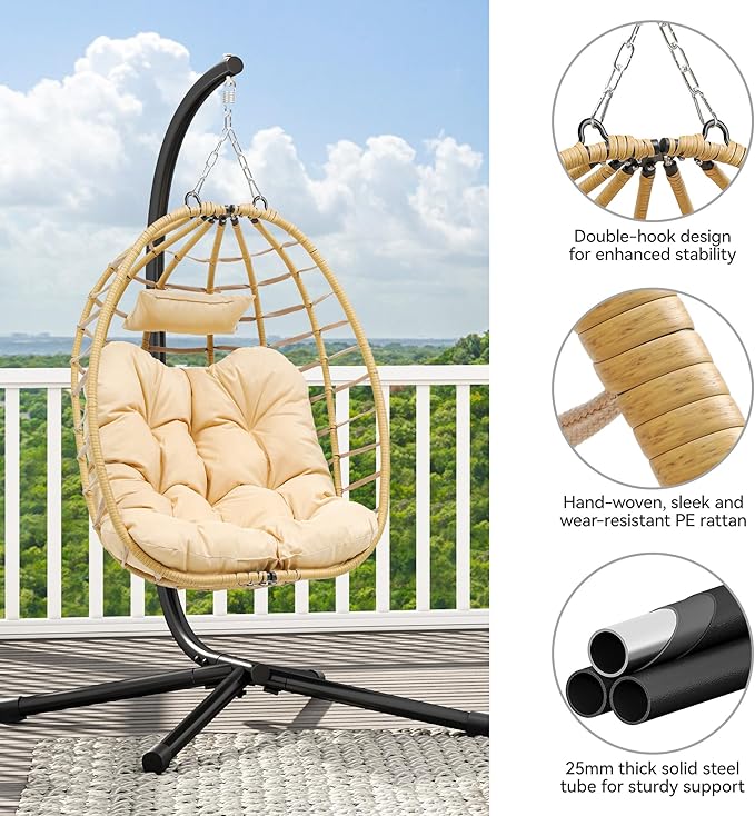 YITAHOME Egg Chair Swing Hanging Outdoor Wicker Hammock Chairs Indoor with Steel Stand Padded Cushion 330lbs for Patio, Bedroom, Garden and Balcony - Beige