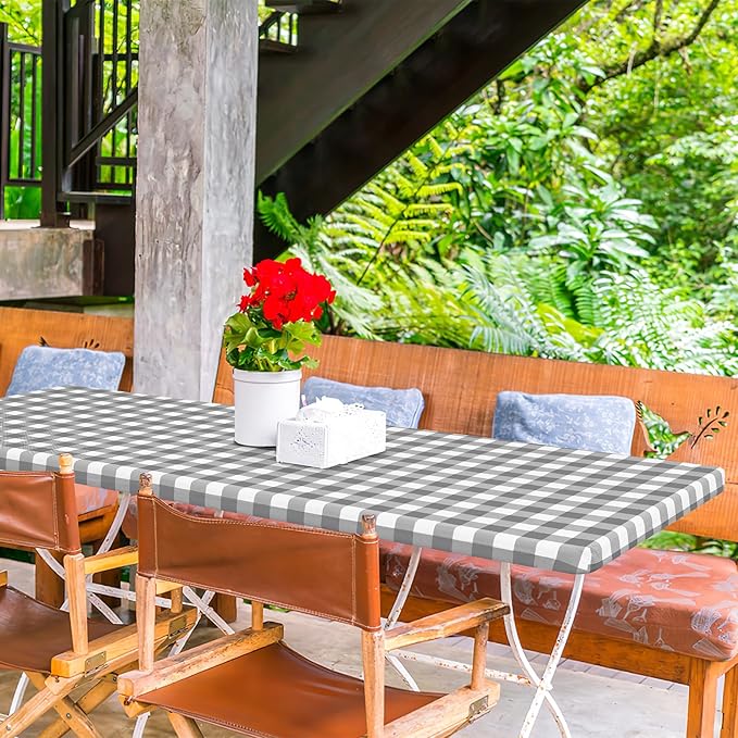 misaya Buffalo Rectangle Picnic Tablecloth, 6 Foot Elastic Fitted Vinyl Table Cloth with Flannel Backing, Waterproof Plaid Table Covers for Dining, Camping, Outdoor (Grey and White, 30" x 72")