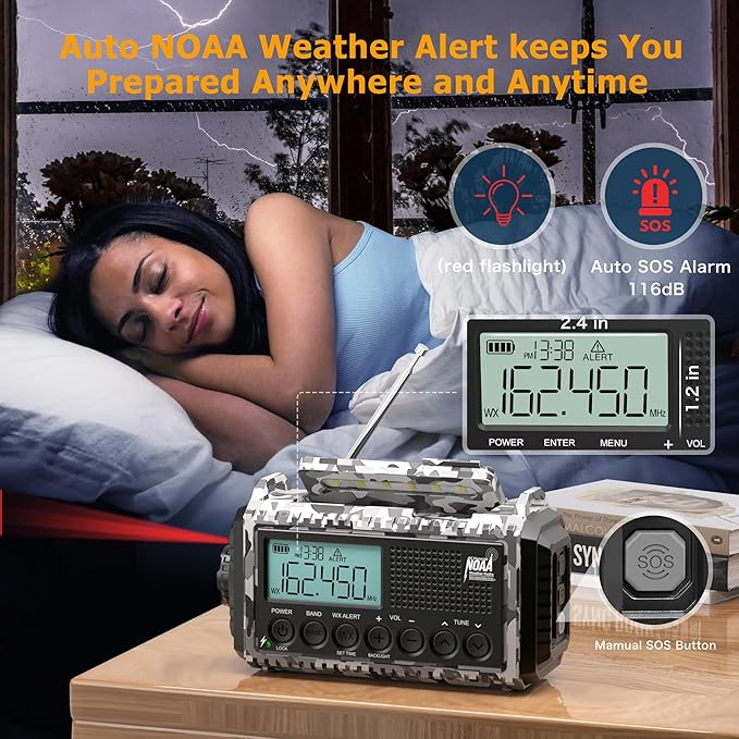 Emergency Radio 12000mAh with NOAA Weather Alert | Solar, Hand Crank, Battery AM/FM/Shortwave with Type-C Charger, Flashlight, SOS for Hurricane, Camping, Outdoor Survival